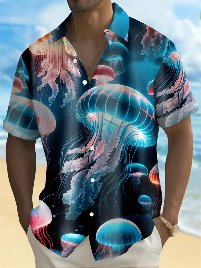 Fashionable daily street Hawaiian men's top short sleeved shirt premium print 2024 plus size multi-color octopus lamb print 4