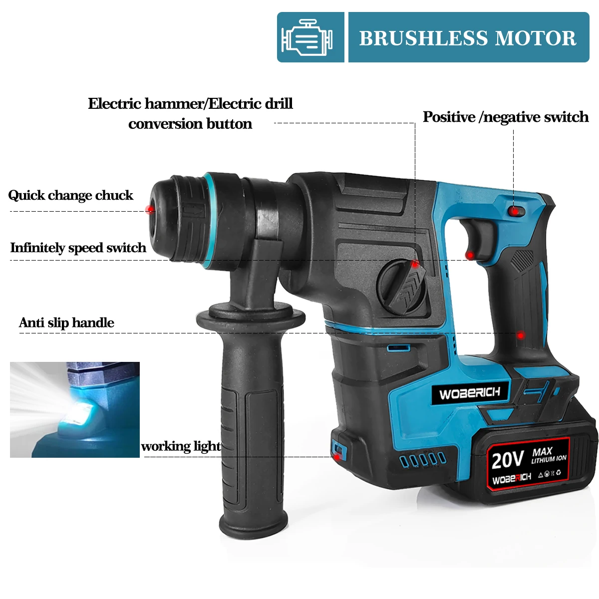 Electric Brushless Hammer Drill Multifunctional Rotary Cordless Rechargeable Power Tools For Makita/WOBERICH 18V Battery 3