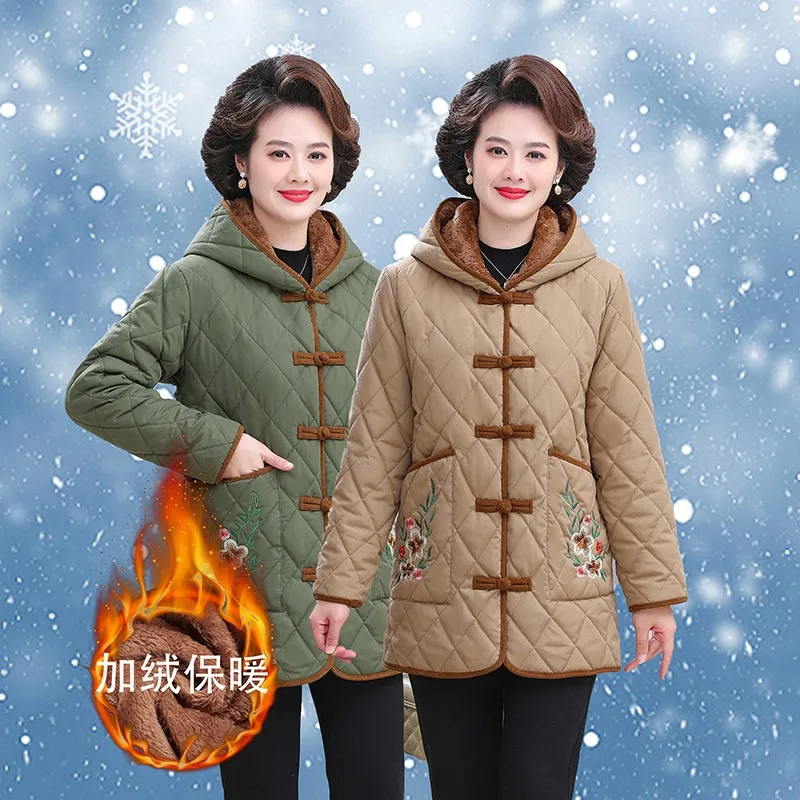 

Thick Quilted Jacket New Hooded Warm Down Cotton Parkas Women Winter Coat embroidery Middle Aged Mother Wadded Jackets