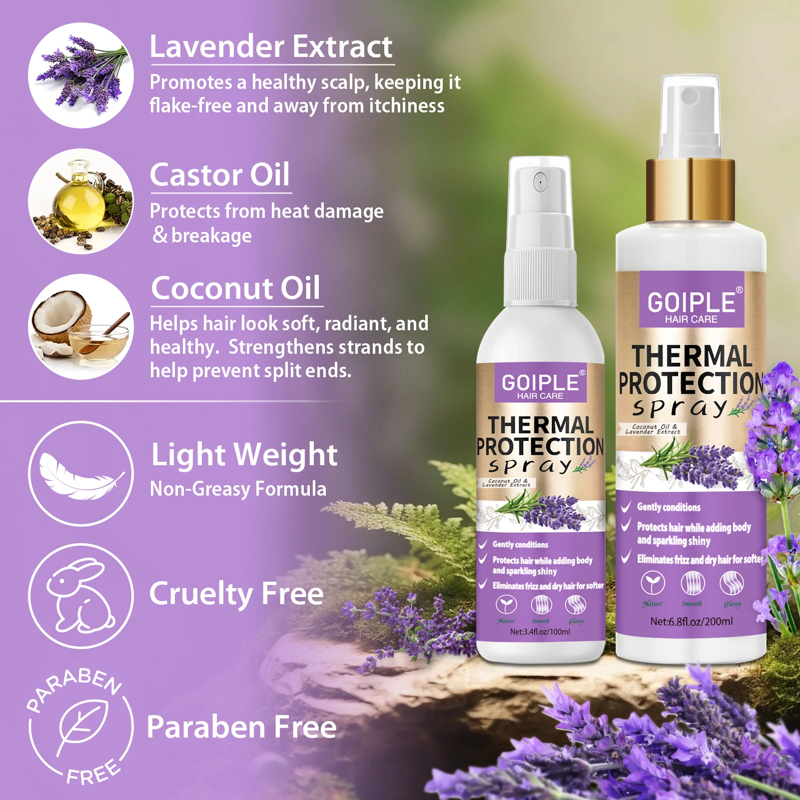 Hair Protection Spray GOIPLE Lavender Extract Heat Thermal Protection Spray Shine Moisturize Split Ends Protect Hair Damage for Natural Hair and Wigs