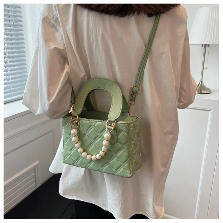 Women's 2023 Trend Leather Chain Shoulder Crossbody Bag with Pearl Handle Portable Chocolate Grid Solid Color Small_voghion.com
