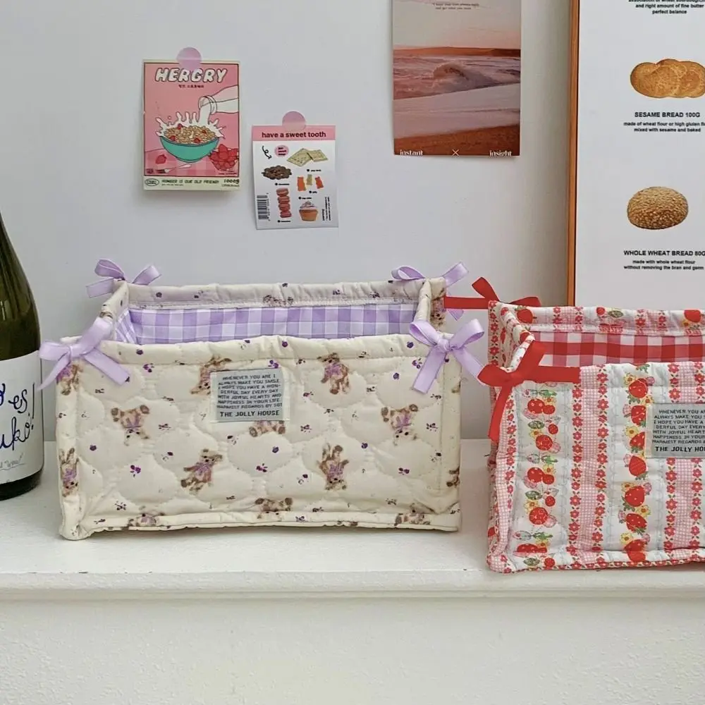New Quilting Cotton Storage Box Bear Pattern High-capacity Desktop Storage Basket Cartoon Square Organizer Box Home Decoration