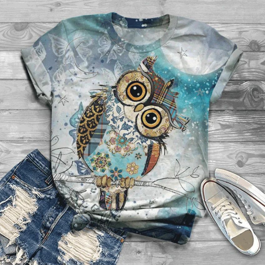 T-shirt imprimé hibou 3D pour femme, surdimensionné, décontracté, à manches courtes, motif chat, motif animal, Kawaii801_voghion.com