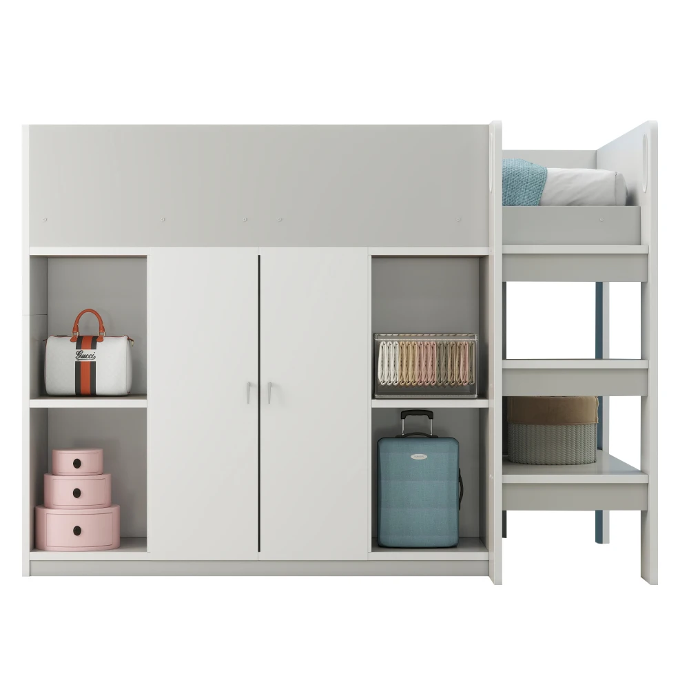 90*200cm Multifunktionales Hochbett mit Stauraum, Kleiderschrank und Regalen, Kinderbett mit Leiter und stabiler Konstruktion – Detail 36