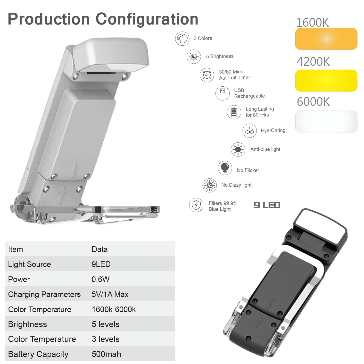 Mini Clip-on LED Book Light 3 Colors 5-Level Timer USB Rechargeable Eye Protection Reading Light Portable Bookmark Night Lamp