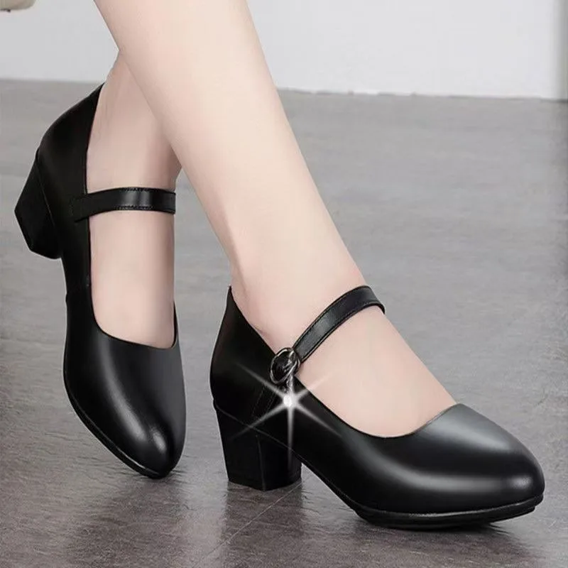 Women's Medium Heel Pumps - Soft Leather Non-Slip with Adjustable Buckle, Comfortable for Daily & Casual Wear 2026