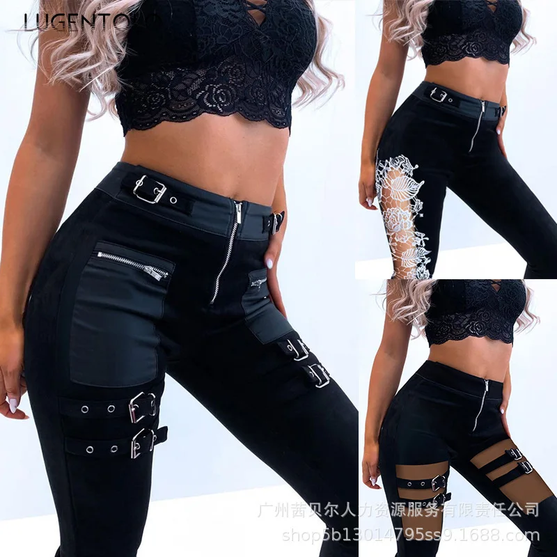 

Black Pants Women Patchwork Zipper Hollow Out Mesh New Fahsion Female Spring Autumn Casual Trousers Long Pencil Pants