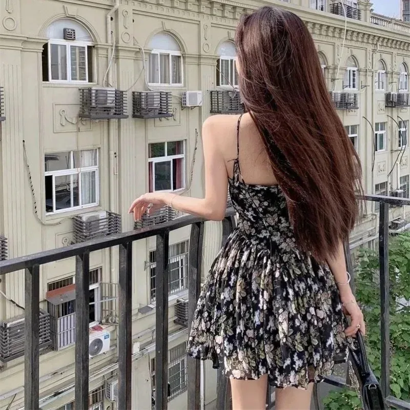 Summer Cute Women Floral Bandage Backless Sleeveless Bodycon Dresses Sexy Mini Vestidos Korean Sweet Girls Y2k Clothing