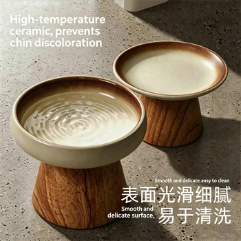 Ciotola in Ceramica per Gatti e Cani di Piccola Taglia, Ciotola Rialzata per Cibo e Acqua con Supporto in Legno, Anti-ribaltamento, Ergonomica per il Collo, Mangiatoia per Gatti da Interno