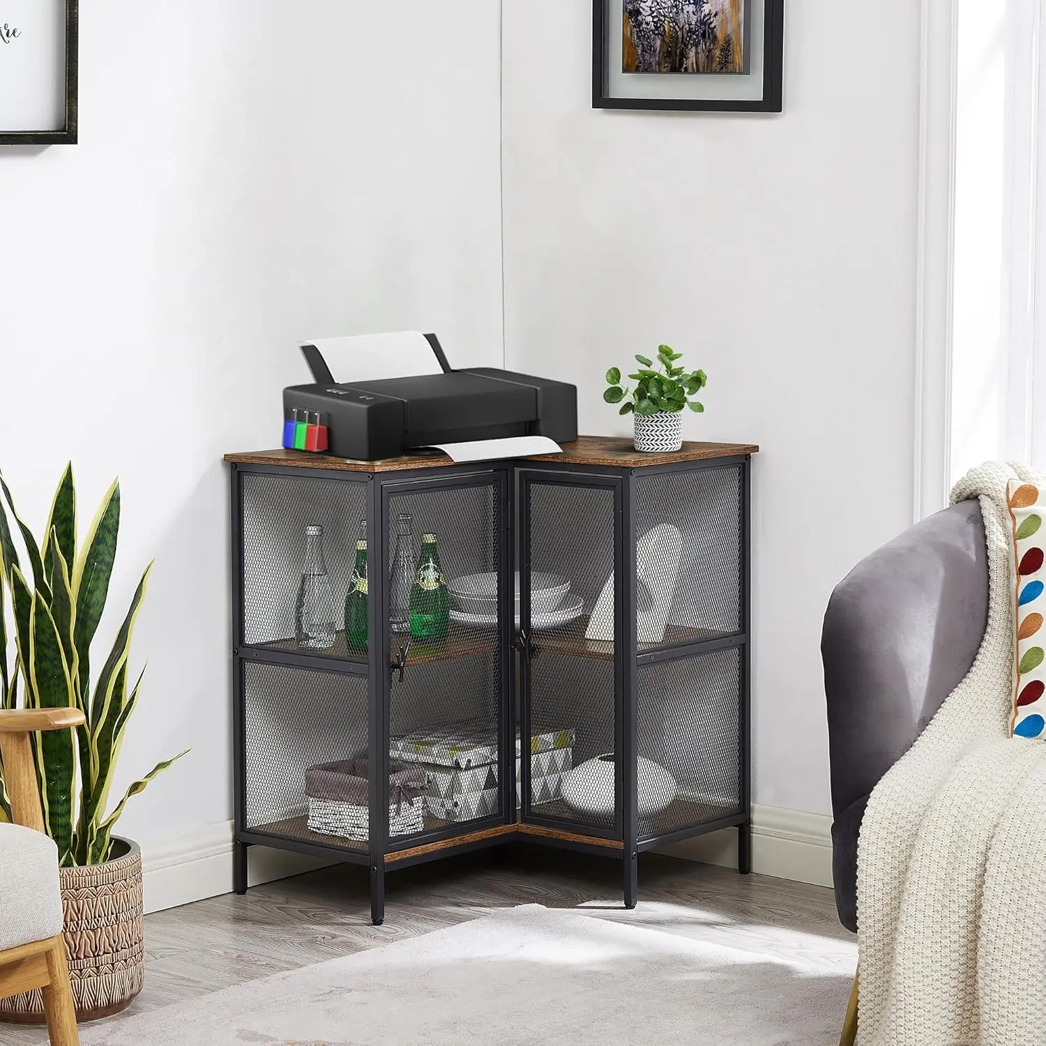 3-Tier Corner Cabinet, Metal Mesh Doors, Short TV Stand, Compact Space, Living Room, Kitchen, Home Office, Brown