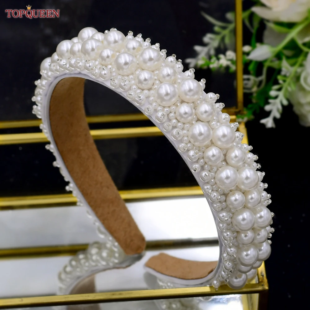 TOPQUEEN S101-D Handmade Wedding Headband Luxury Flower Pearl Baroque Headwear Jeweled and Diamonds Headpiece for Bridal Party