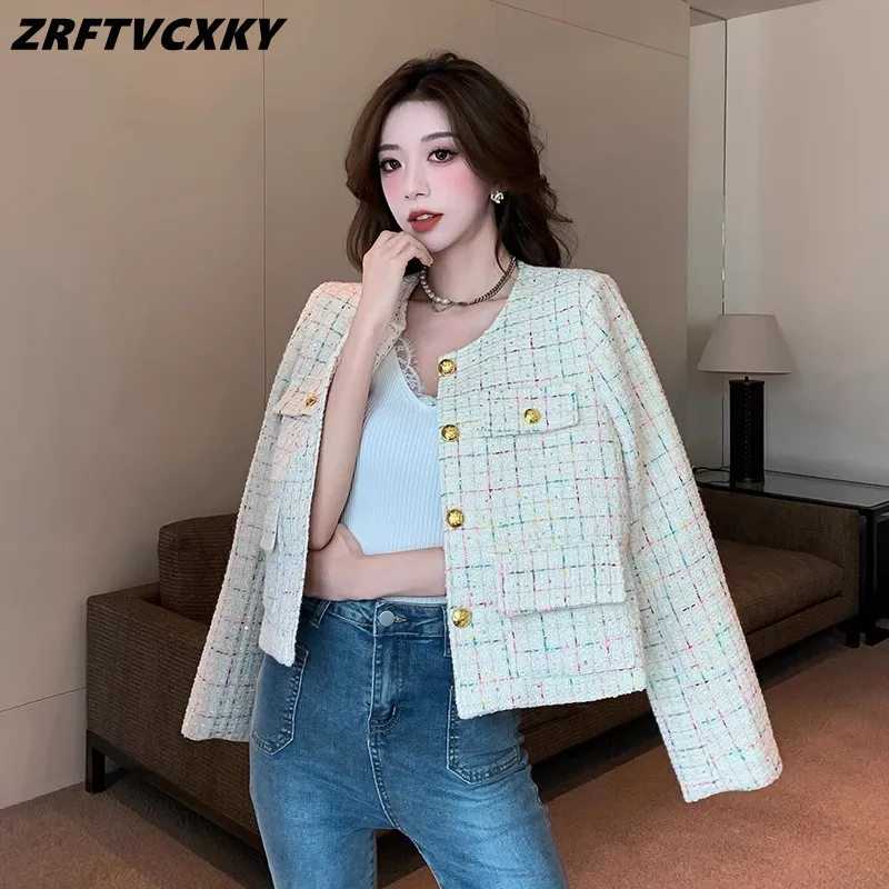 

Korean Temperament Small Fragrance Tweed Jacket For Women French Vintage Designer Single-Breasted Gold Button Woolen Coat Autumn