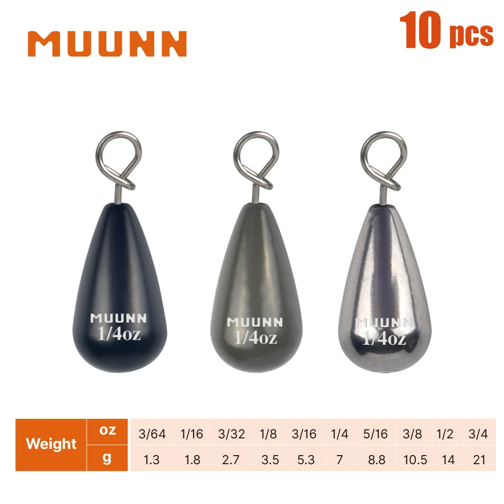 

MUUNN 10PCS Fast Tungsten Tear Drop Sinker Weight,1.3g-10.5g,Jika Rig Free Rig Line Hook Connector,Bass Trout Fishing Lure
