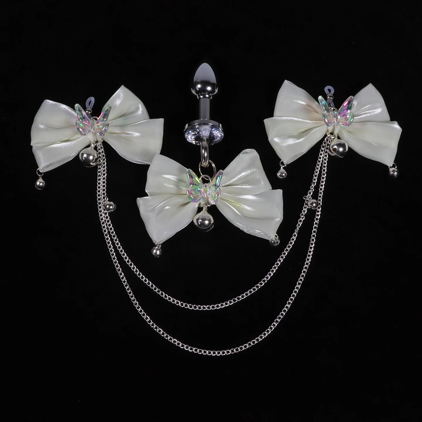 Sexy Aurora Bowknot BDSM Set Non-Piercing Nipple Clamps With Butt Plug Long Chain Dangle Bell Heart Adult Roleplay Lingerie Jewe_voghion.com