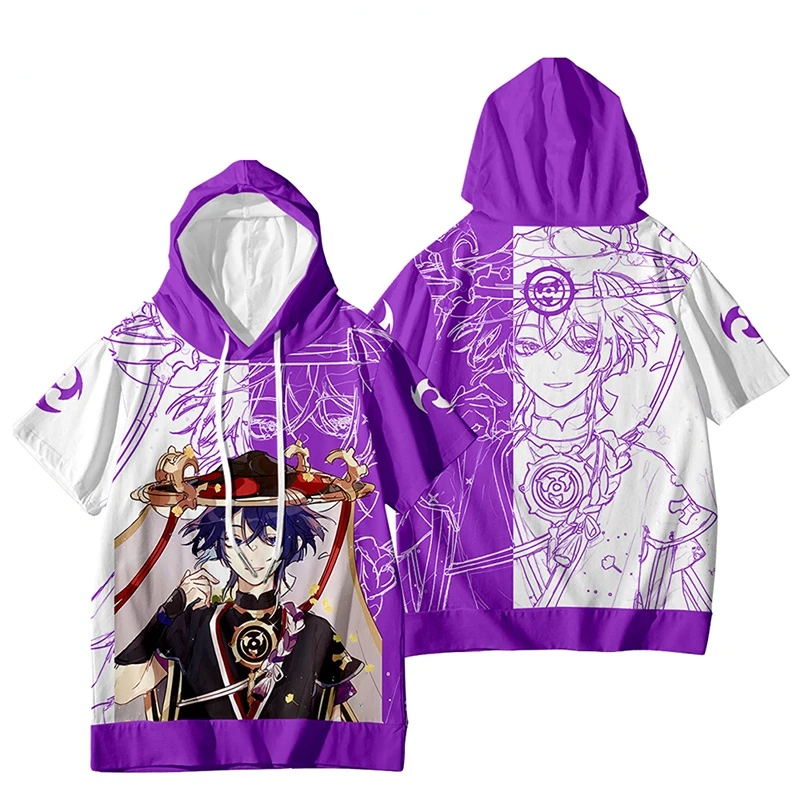 

Genshin Impact Wanderer Scaramouche 3D Print Oversized T Shirt Women Men Summer Short Sleeve Hooded T-shirt Graphic Tees Cosplay