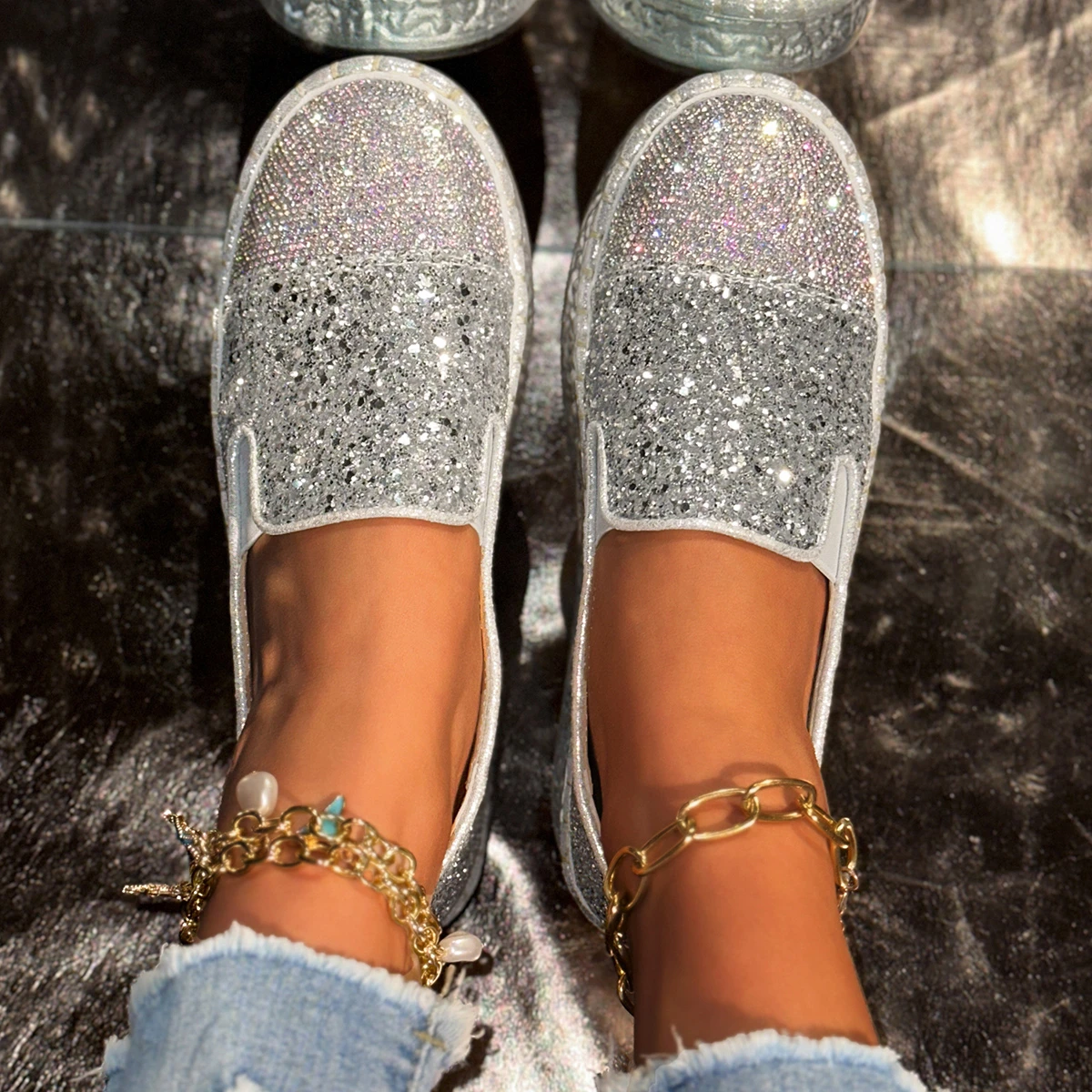 Aphixta 2025 New Bling Sequined Woman Shoes Flat With Slip On Silver Loafers Spring Woman Fashion Shoes Big Size 43