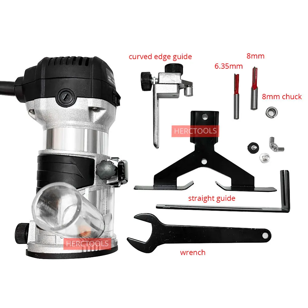 800W Wood Router Kit Compact Electric Trimmer Tool Plunge and Fixed Base 6.35 & 8 mm Collets Woodworking Slotting Trimming