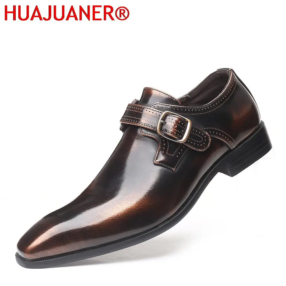 Men's Fashion Vintage Buckle Derby Shoes Men Leather Dress Shoes Wedding Party Mens Business Office Oxfords Slip-On Flats