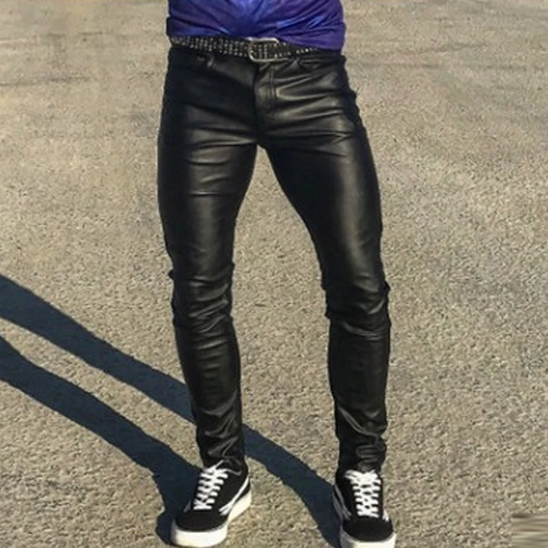 Fashion Mens Slim Fit Leather Pants Solid Color Mid Waist Tight Stretch PU Trousers Spring Autumn Streetwear Vintage Pants men trousers,leather pants,skinny pants