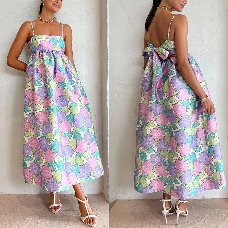 

2023 Casual Temperament Printed Sling Bow Knot Loose Sleeveless Backless Swing Dress Summer Dress Women Clothing