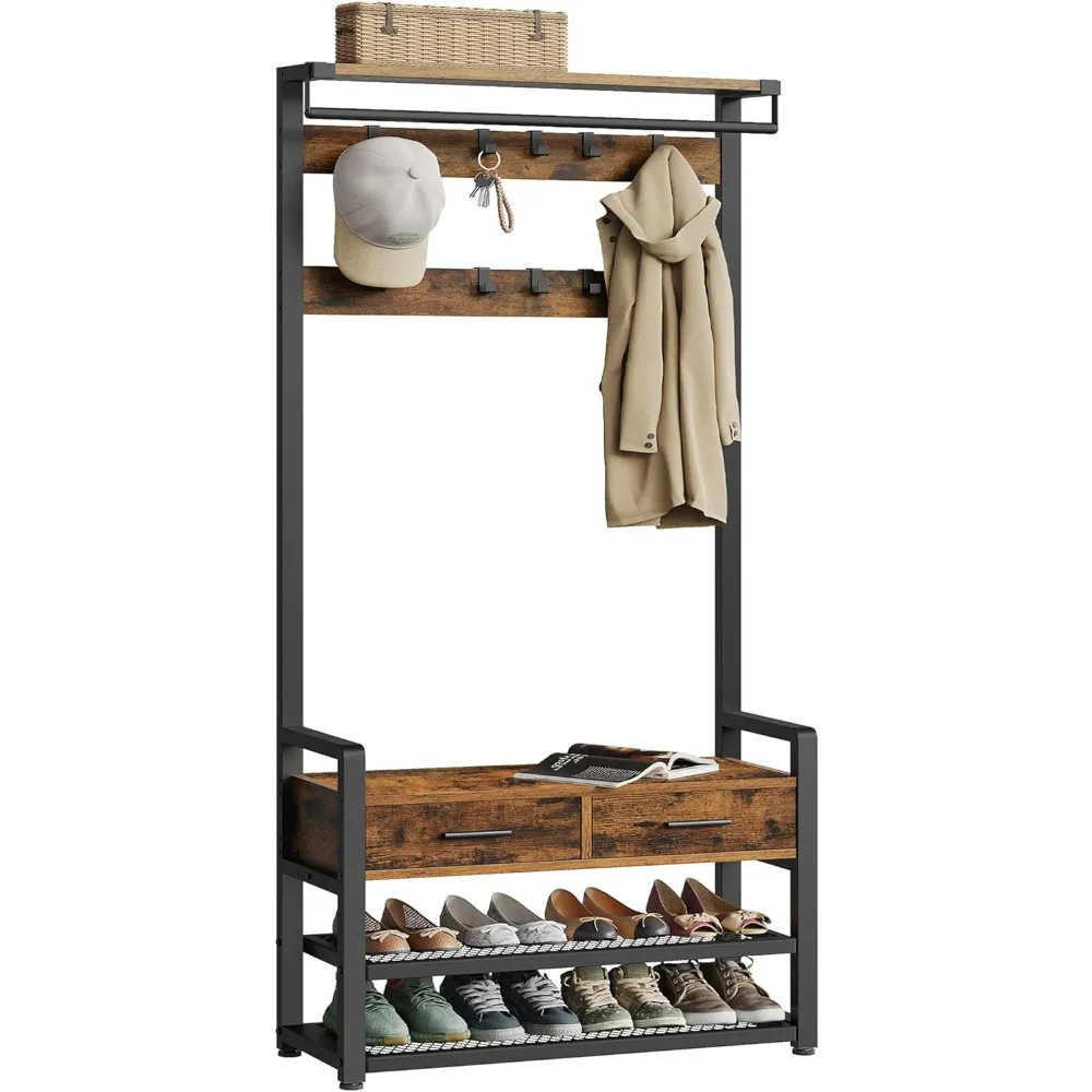 

Freestanding Coat Rack with Shoe Bench, 2 Fabric Drawers & 10 Hooks, 11.8 x 31.7 x 71.5 Inches, Vintage Brown and Ink Black