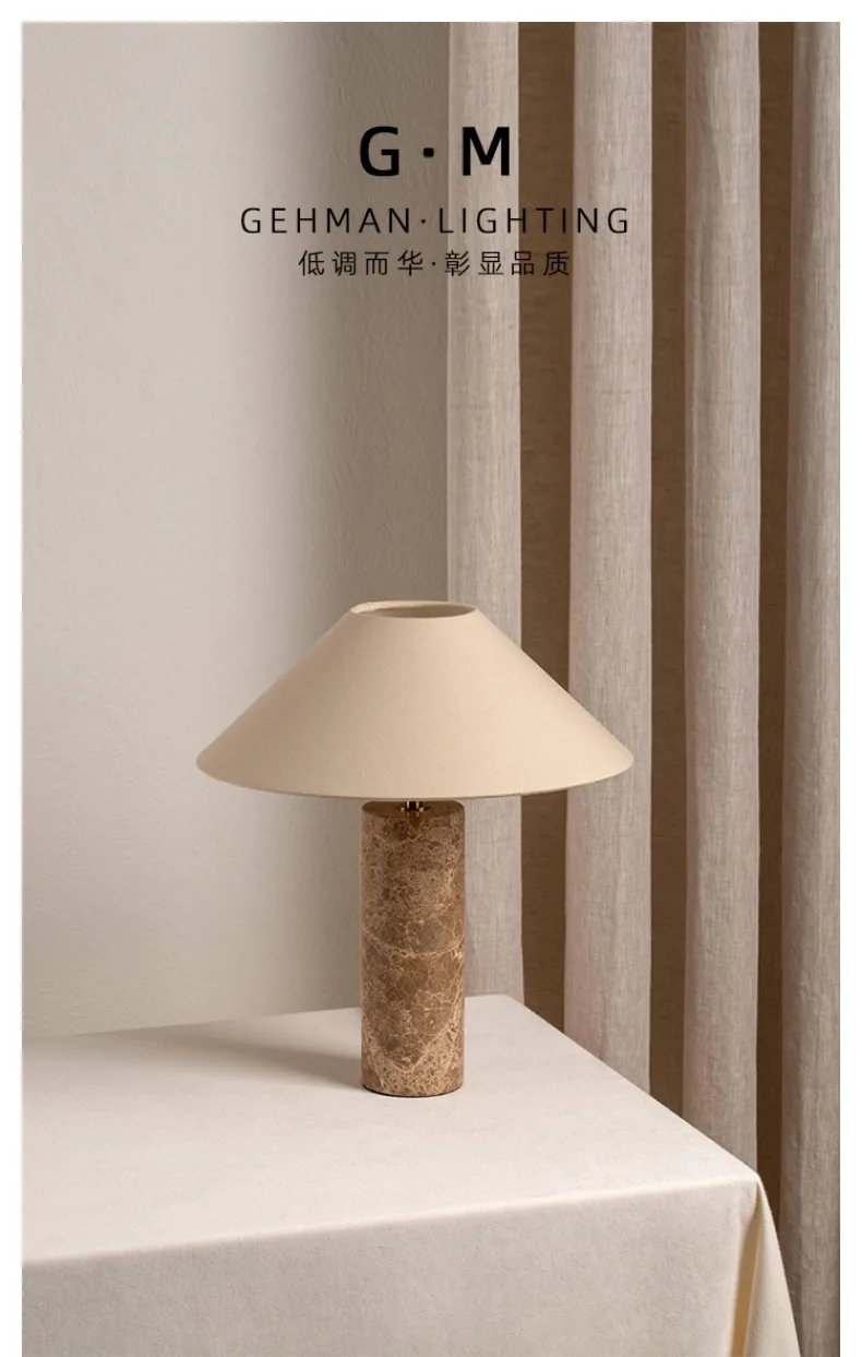 Nordic Cylindrical Marble LED Table Lamp White Fabric Lampshade Living Room Study Restaurant Bedroom Desk Lights Home Decoration
