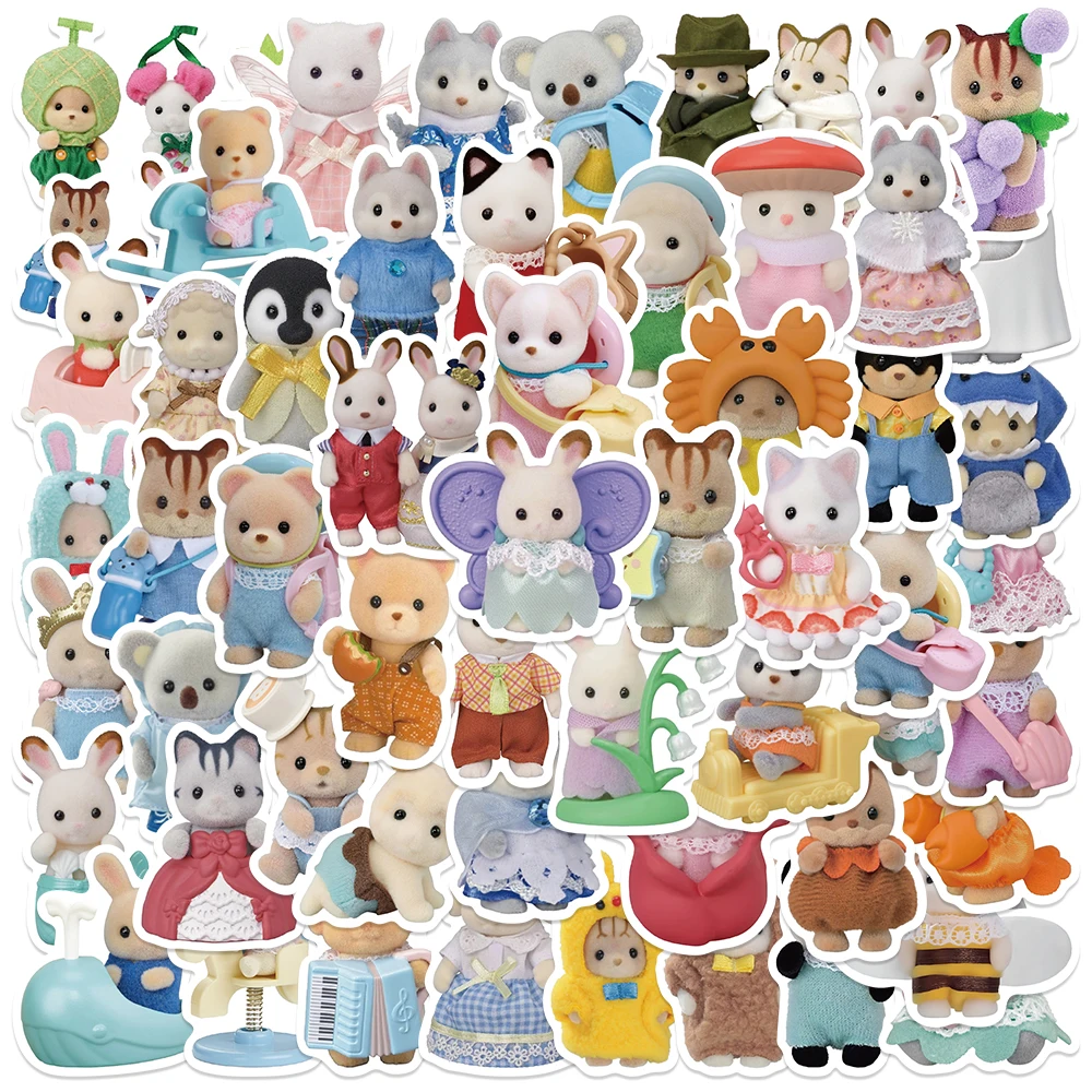 Cute Doll Cartoon Bear Rabbit Stickers For Water Bottle Laptop Luggage Skateboard Guitar Stationery Kids Toy Decal Sticker 55pcs