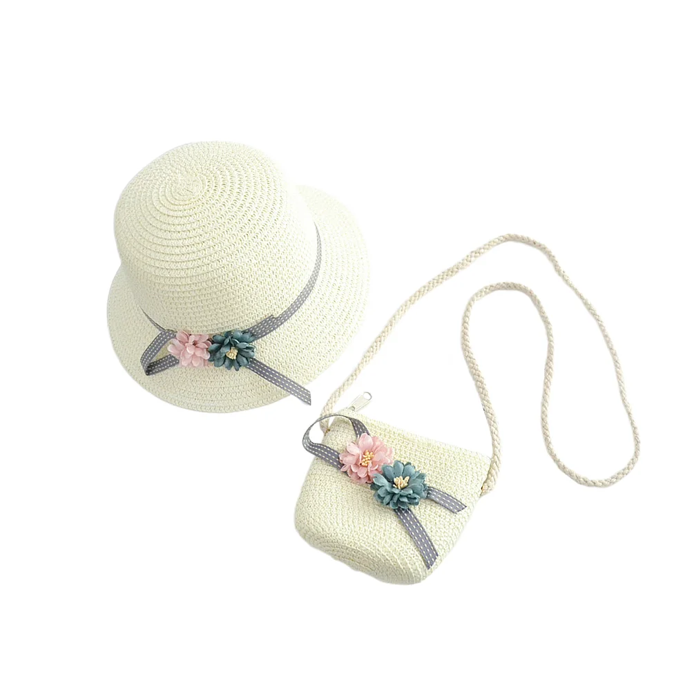 

Hat and Bag Set, Woven Sun Hat Shoulder Bag with Flowers Wide Beanie Cap for Summer Beach Travel White