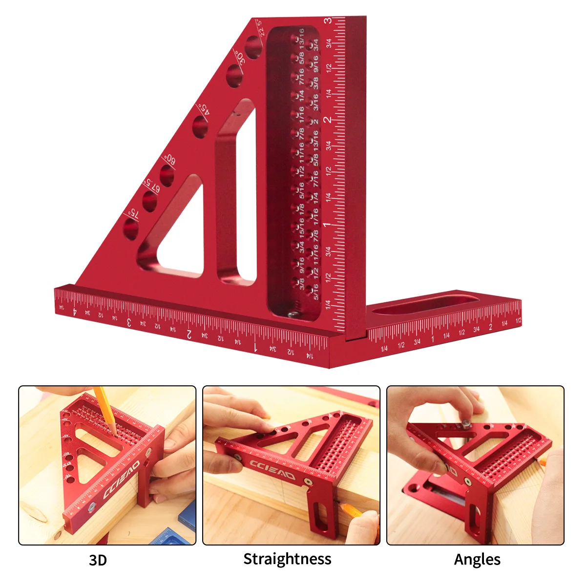 3D Multi Angle Measuring Ruler, 45/90 Degree Triangle Layout Scriber, 3D Woodworking Square Protractor, Aluminum Alloy Miter Triangle Ruler Woodworking Measuring Tools For Engineer Carpenter(Red - View #6
