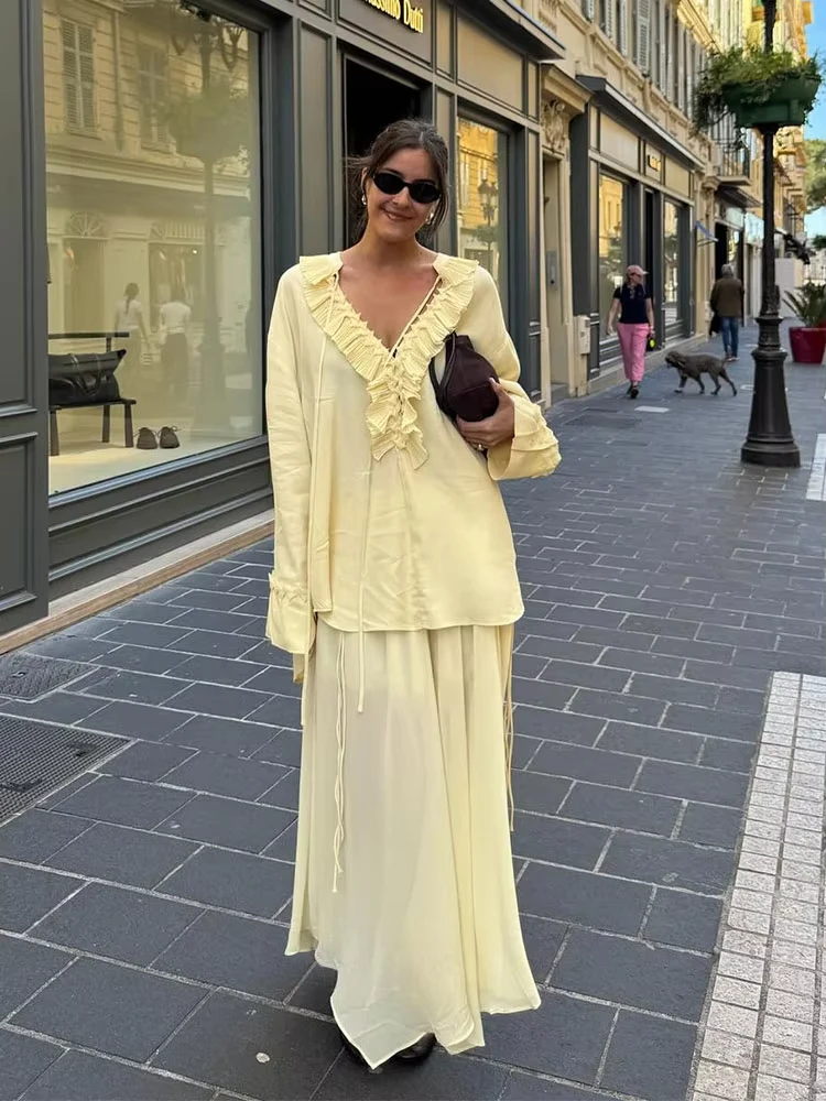 HH Women Elegant Yellow Ruffles Shirts Skirts Suits V Neck Lace-up Blouse Pleated Midi Skirt Summer Casual Maternity Outfit