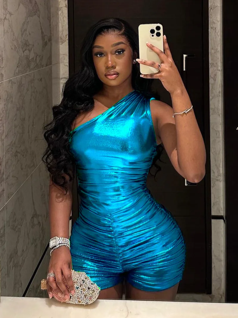 

KEXU One Shoulder Ruched Stacked Faux Leather Stretch Sleeveless Women short Jumpsuit 2023 Summer Playsuit One Piece Suit Romper