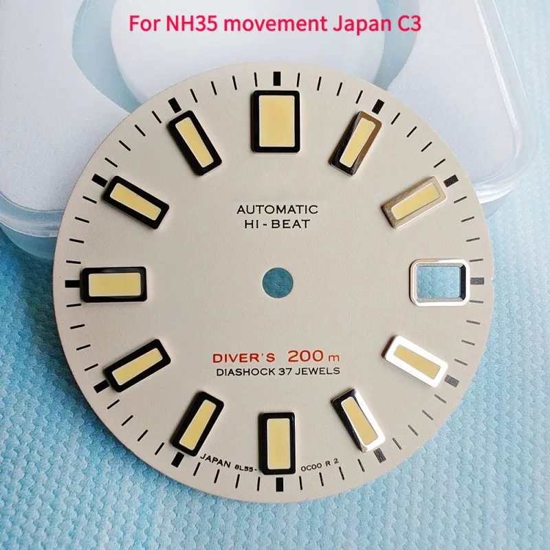 NH35 무브먼트용 고품질 62MAS 선 그레이 수정 다이얼 일본 C3 그린 야광 리얼 네일 플레이트