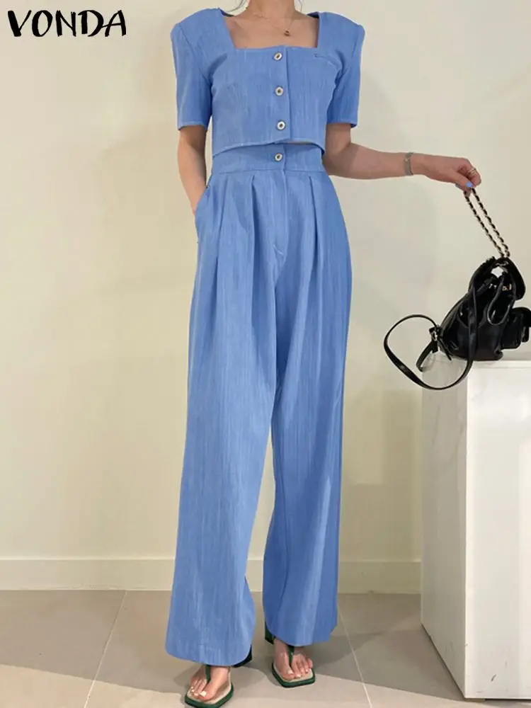 Women Summer Sets VONDA 2023 Fashion Matching Sets Solid Pant Sets