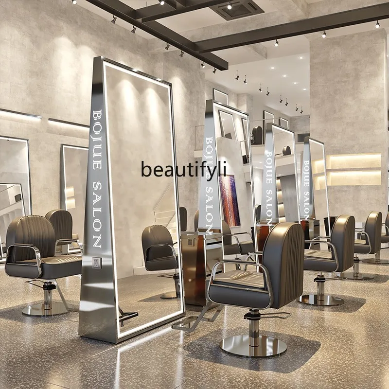 

Hair Salon Dressing Table Barber Shop Single-Sided Mirror Double-Sided Stainless Steel Floor Hair Cutting Mirror with Light