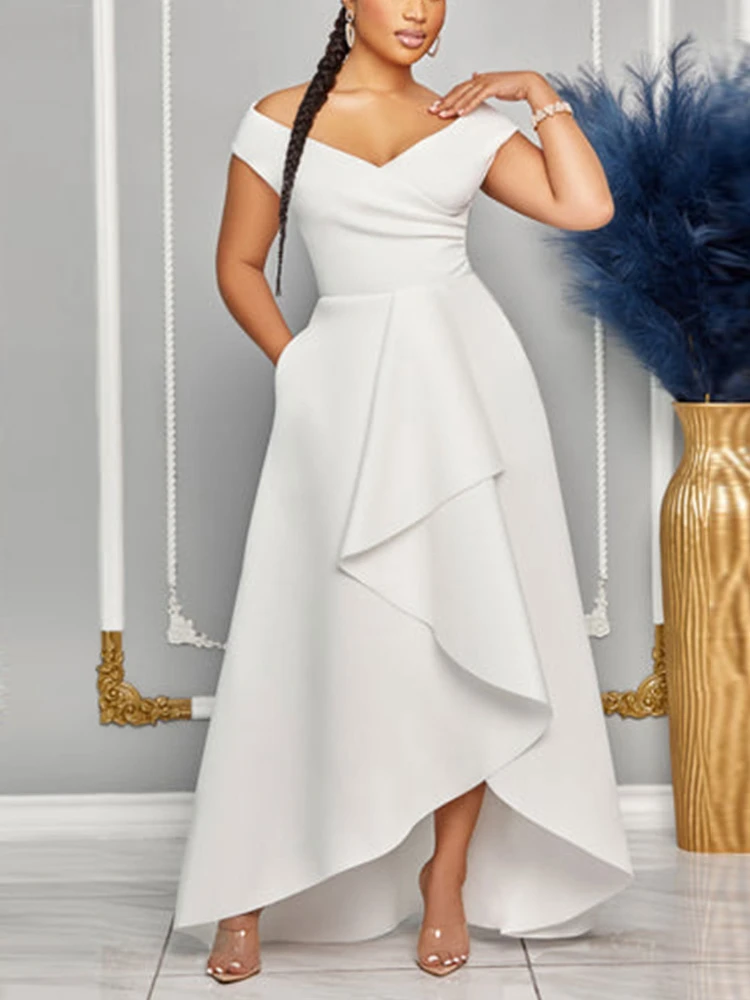 Vestido maxi con escote en V y hombros descubiertos con bolsillos Marfil