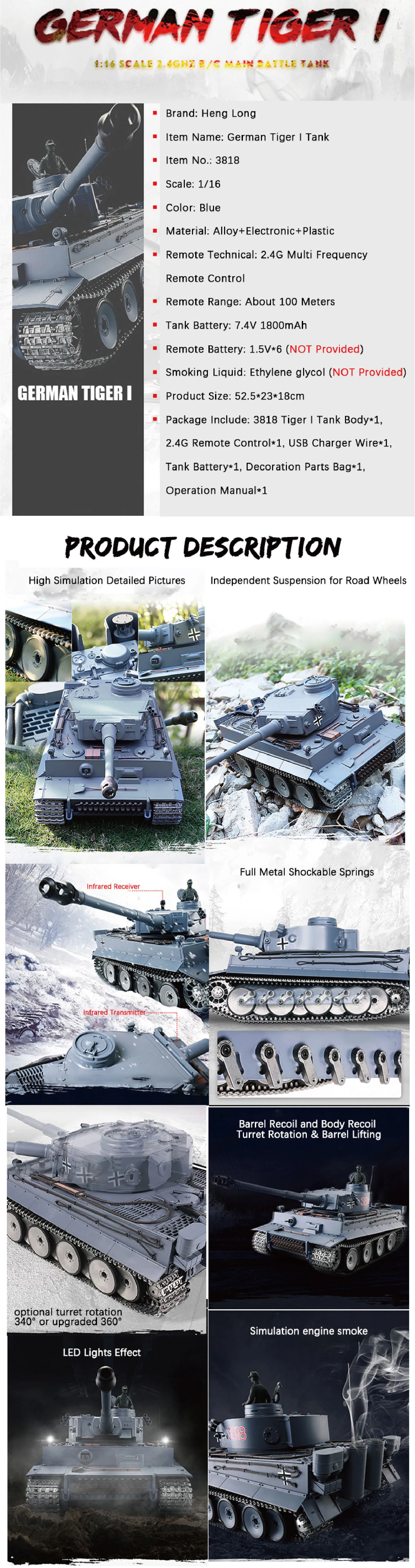 [Type B] RC Toys 2.4Ghz HENG LONG 1/16 7.0 German Tiger I Tank Model Radio Control 3818 Barrel Recoil BB Airsoft Smoke Panzer TH17234 