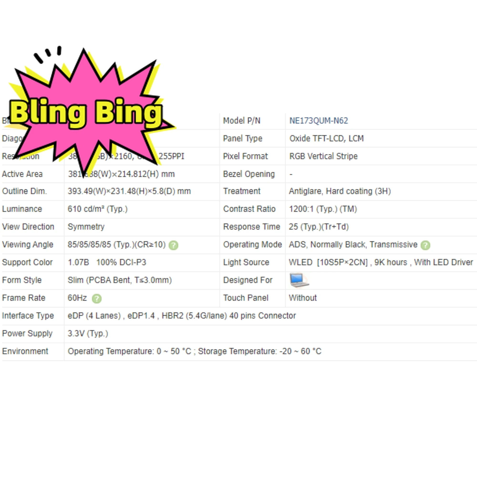 

Диагональ экрана 17,3 дюйма, 40-контактный EDP 3840X216 0, панель дисплея, ЖК-экран для ноутбука