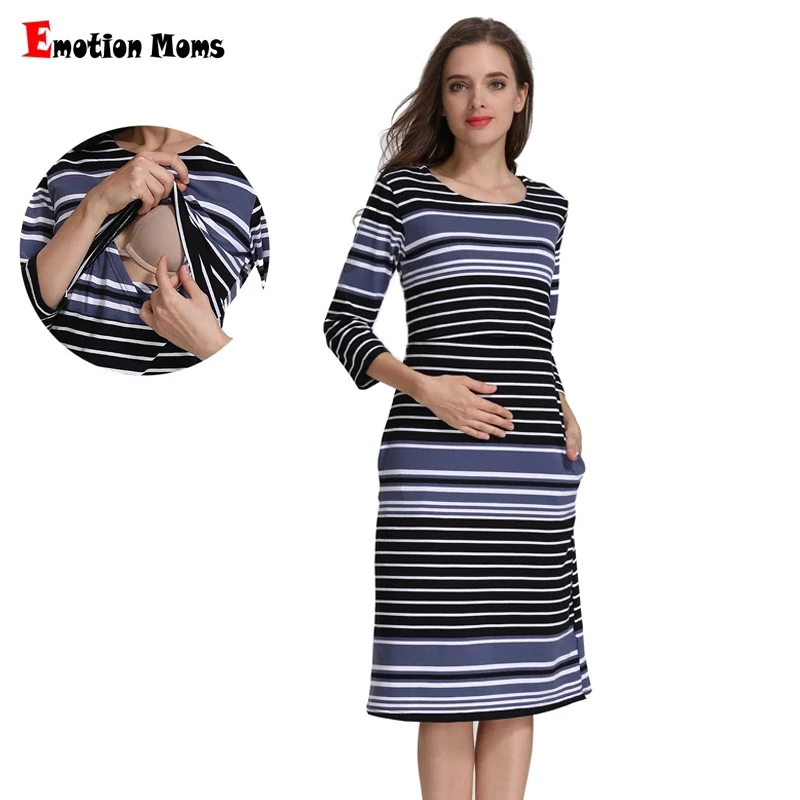

Emotion Moms Cotton Striped Summer Spring Skirt Pregnancy Dress for Pregnant Woman Maternity Dress Breastfeeding Dress