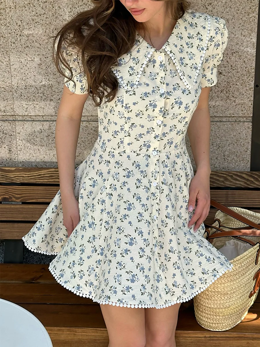 Bornladies 2026 Summer New Floral Short Sleeve Dress Women's Elegant Slim Fit Sweet Button Front Puff Sleeves Mini Dress