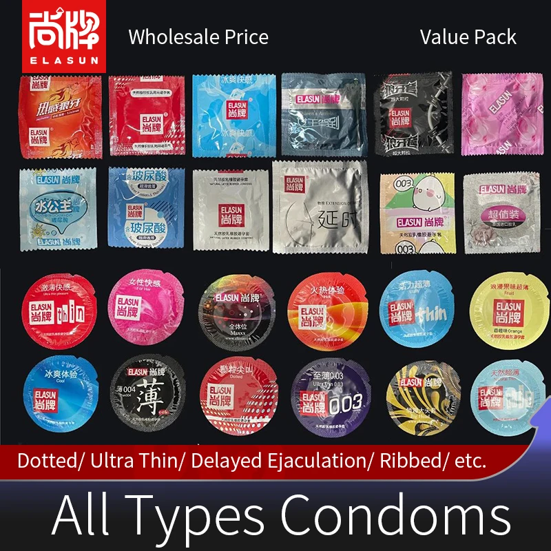Elasun Wholesale 50pcs  All Types Condoms For Men Different Large Spikes Fire Ice Ultra Thin Condom Penis Sleeve Sex Toys Shops