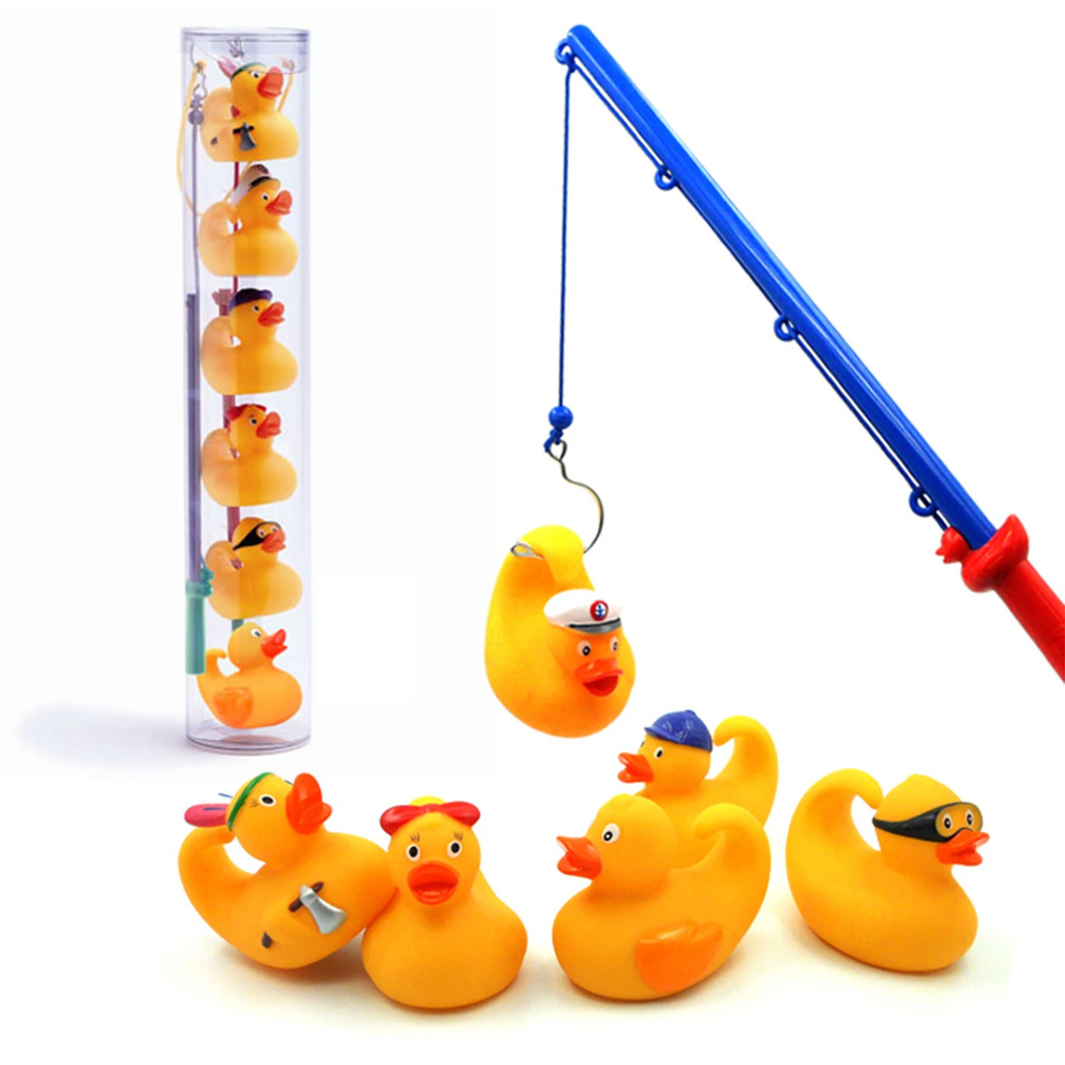 8 Pcs Bathtub Toy Duck Fishing Game - 2 toy fishing rods and 6 rubber ducks - teach numbers 5