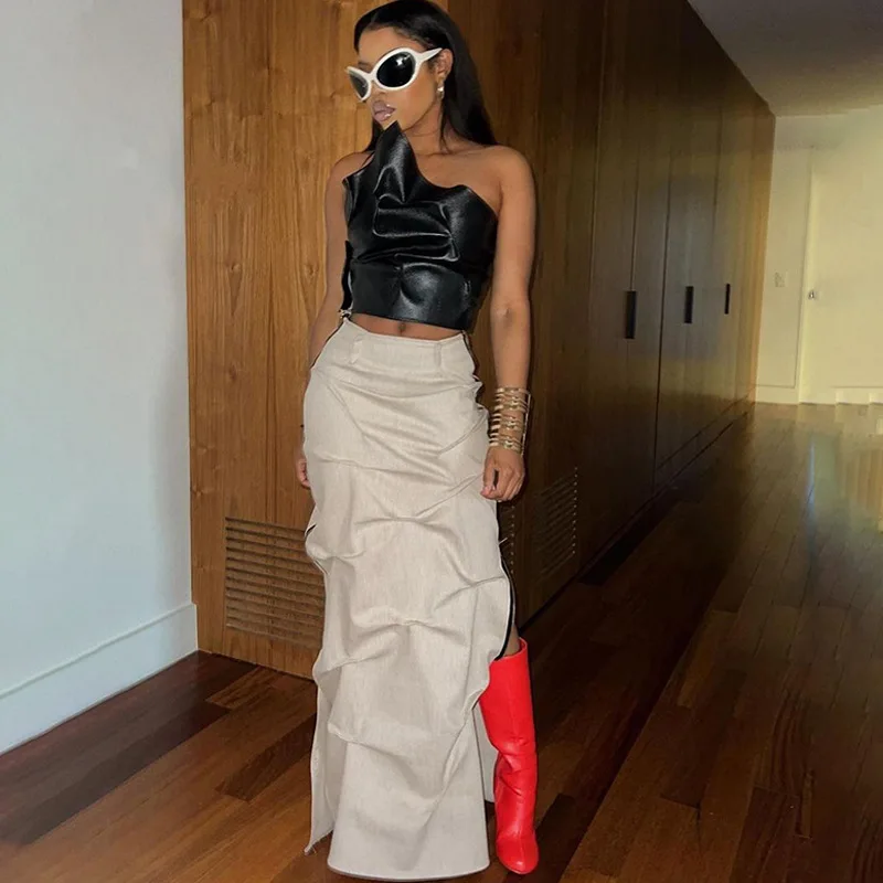 Fashion PU Fake Leather Pleated Two Piece Skirt Set Strapless Crop Top Ruched Long Skirts 2 Pieces Streetwear Club Party Suit bride elastic wrist cuffs dainty pearl beads removable fake sleeves for wedding party white lace wrist cuffs for women