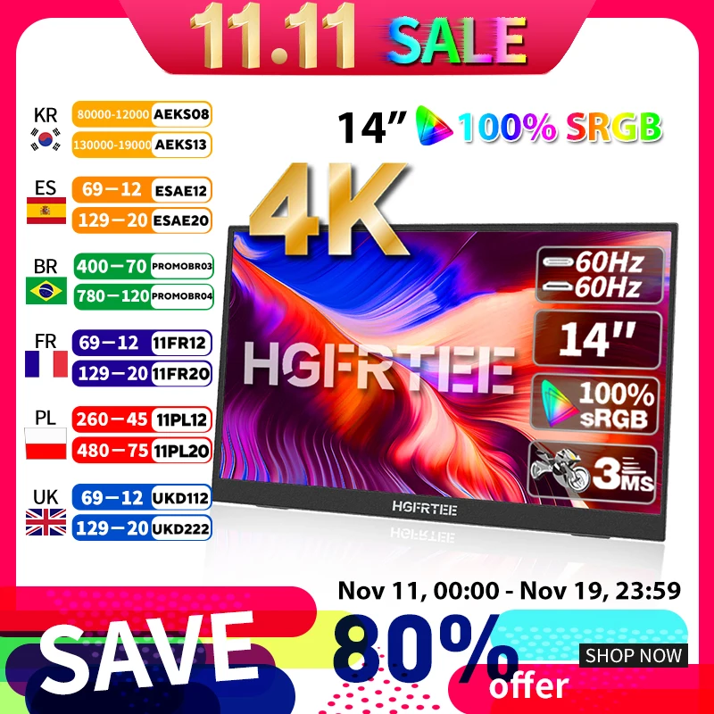 HGFRTEE 14インチ 4K モバイルモニター Amazon.com: HGFRTEE Portable Monitor Touchscreen 14