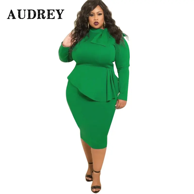 

Elegant Bow Long Sleeve Plus Size Black Dress WomenBodycon Office Casual Irregular High Waist Midi Dress Autumn Ropa Mujer 5xl
