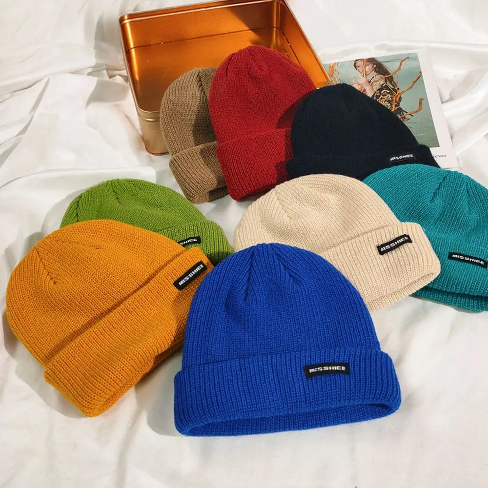 

Simple Girl Autumn Stripe Skullies Winter Tag Women Woolen Beanies Wool Hat Letter Knitted Hat Korean Style Caps