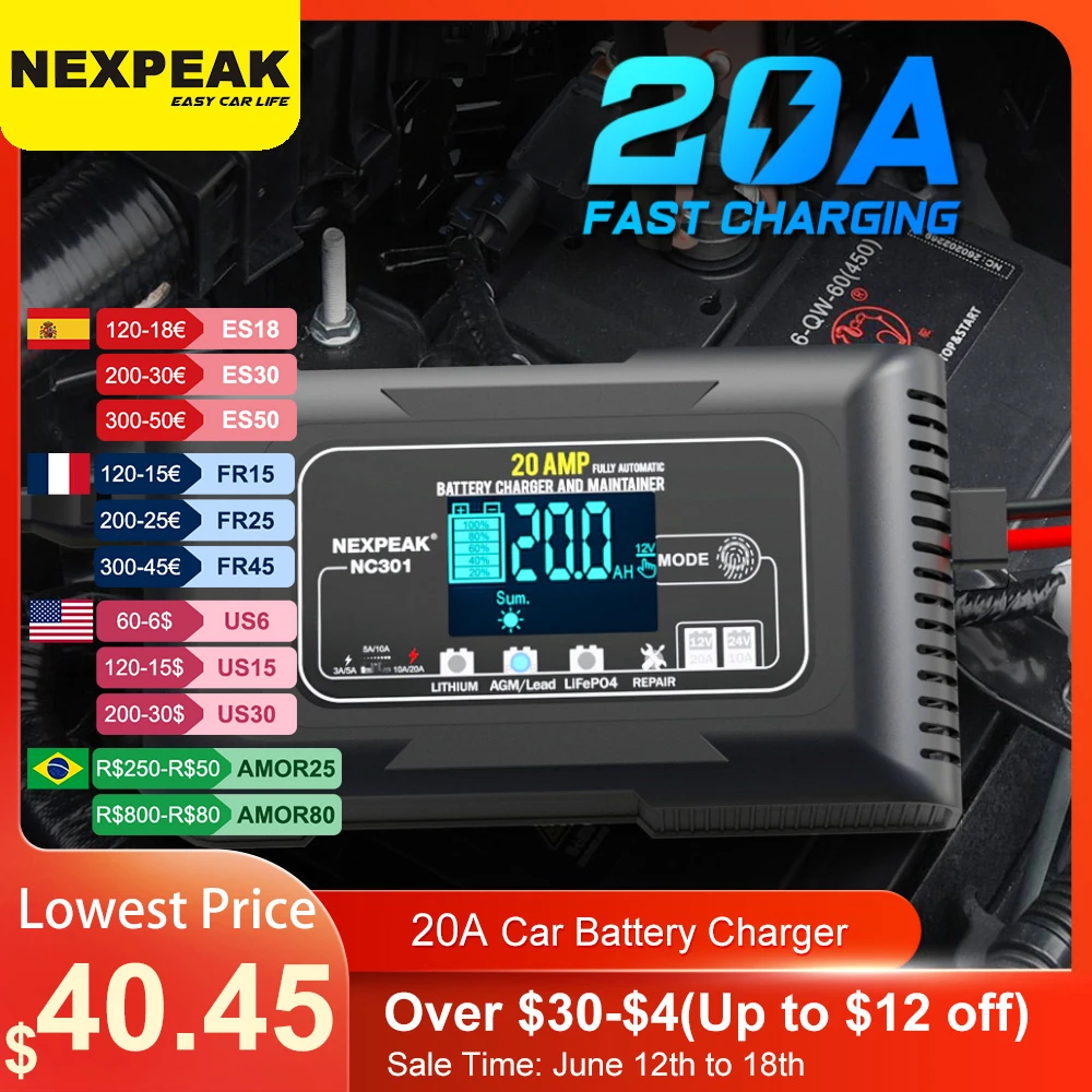 20a Car Battery Charger 12v And 24v Smart Fully Automatic Battery