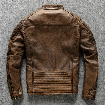 سترة جلدية كلاسيكية للرجال باللون الأصفر والبني سميكة 100% سترة لراكبي الدراجات النارية من جلد البقر الأصلي بقصة ضيقة للرجال معطف ربيعي مقاس آسيوي - Image 3