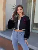 Women's Faux Fur Sleeve Cropped Baseball Jacket Casual Patchwork Letterman Coat 4