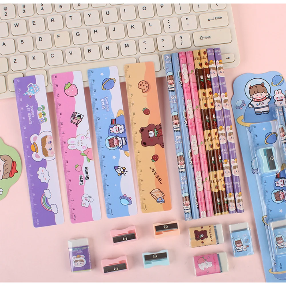 Cute Cartoon Stationery Set Pencil Ruler Eraser Pencil Sharpener Kawaii Children School Scrapbook Supplies Set 5Pcs Gifts stationery gift box stationery set