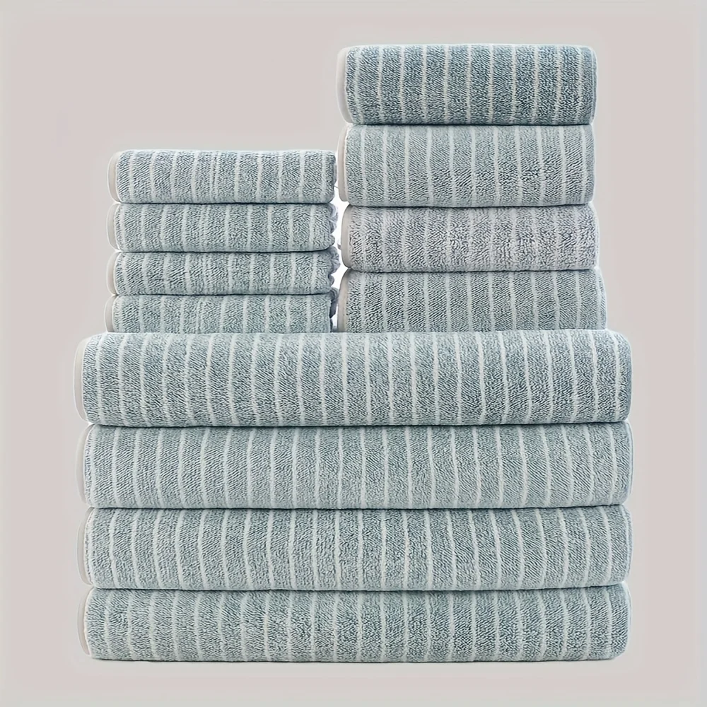 12-Piece Set: Quick-Dry, Highly Absorbent Striped Towels 2
